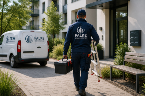 Techniker mit Werkzeugkiste und Leiter geht zu einem Gebäude, van im Hintergrund.